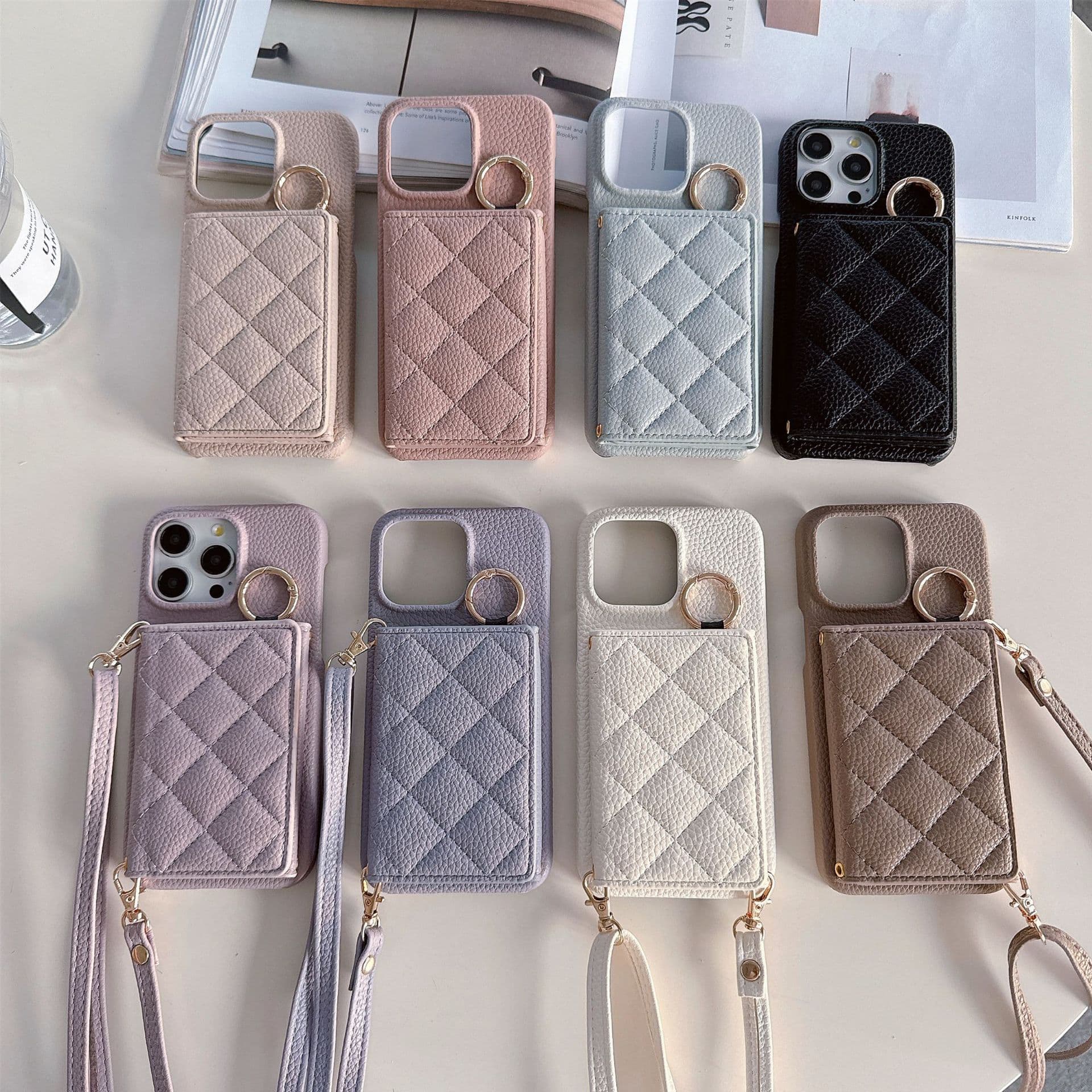 Suitable for iphone17promax Apple 14 flip card case small fragrant style rhombus crossbody mobile phone case Ip16E female