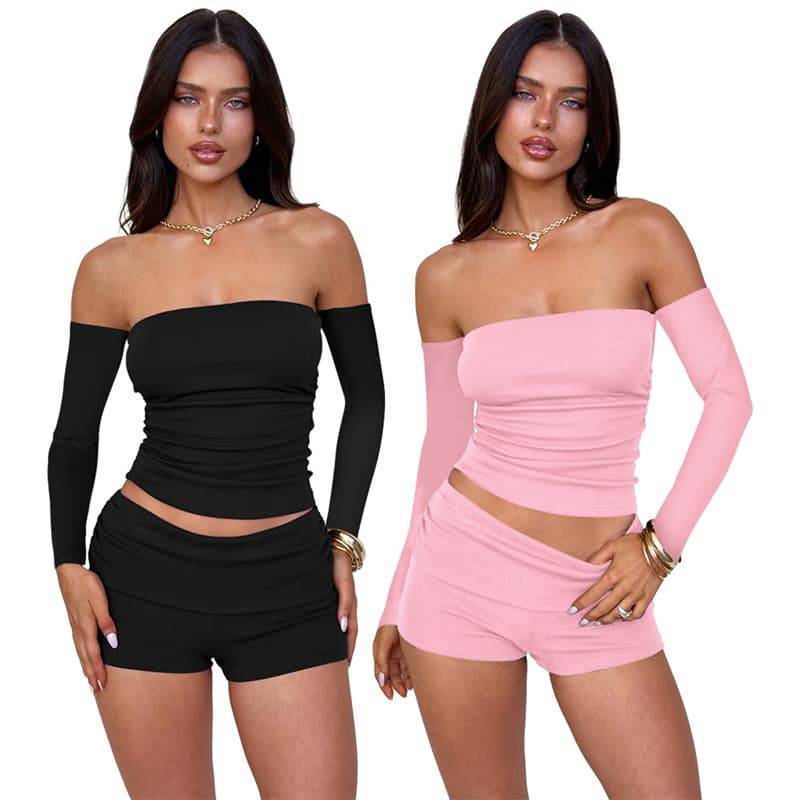 European and American Amazon 2024 Cross-Border Fashion Sexy Long Sleeve Women's One-Shoulder Slim Crop Top Two-Piece Set In Stock