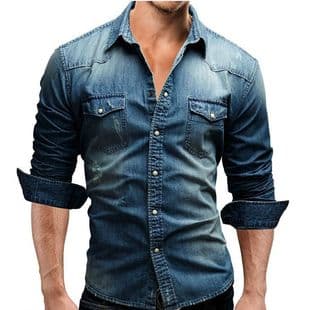 New Export Cross-Border Men's Long Sleeve Shirt, European and American Style Youth Casual Solid Color Patchwork Denim Shirt