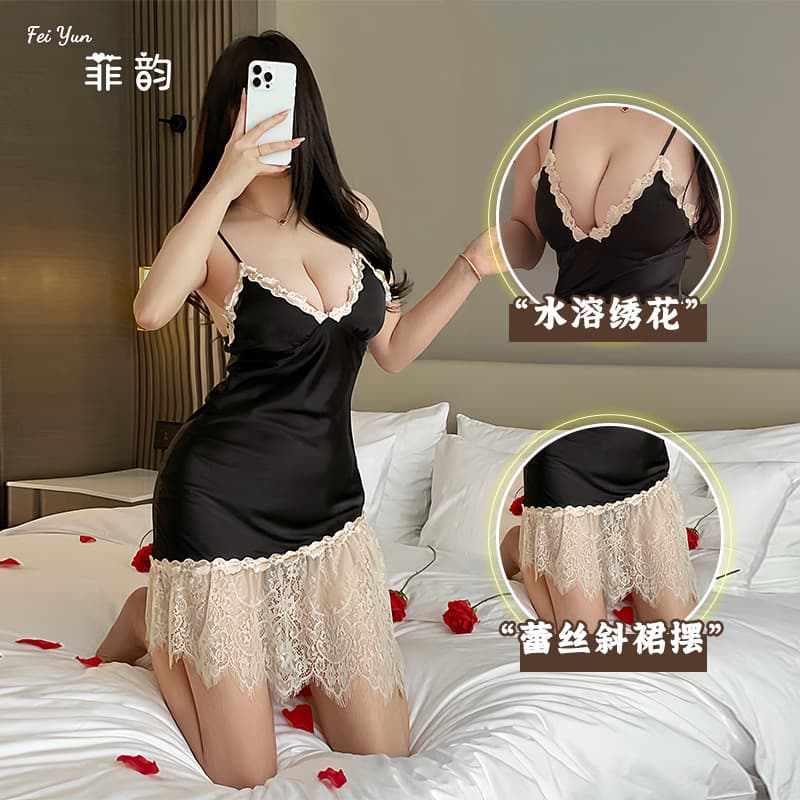 V-Needle Water-Soluble Embroidered Satin Nightgown Lace Slant Hem Spaghetti Strap Bodycon Short Dress Women's Sexy Loungewear 418