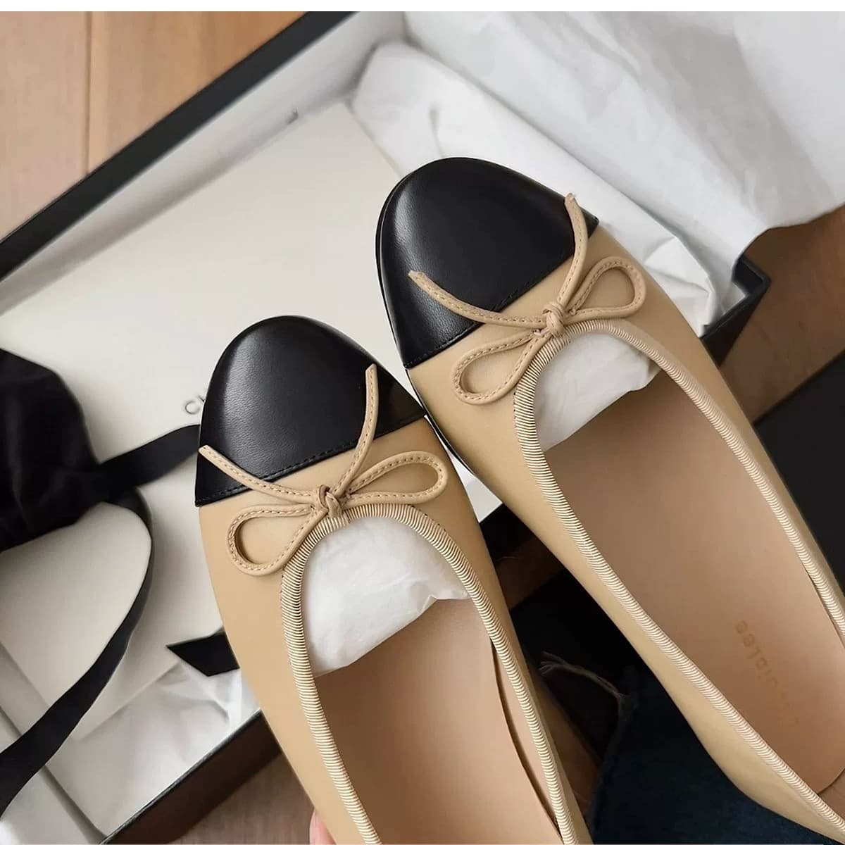 Soft Sheepskin~French-Style Chanel-Inspired Color-Blocking Versatile Shallow-Cut Bowknot Slip-On Round-Toe Elegant Mary Jane Shoes for Women