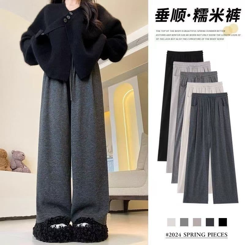 Women's Autumn/Winter Sticky Rice Pants, Black, Wide-Leg, Casual, Straight-Leg, Sweatpants, Fleece-Lined, Versatile for Autumn