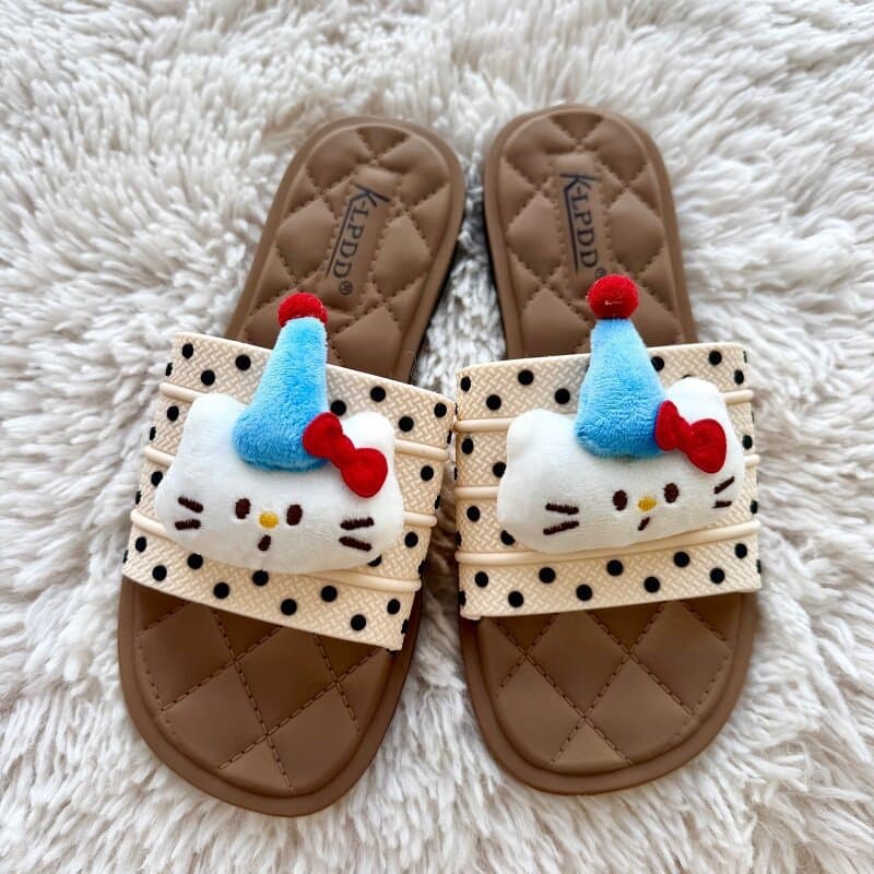 Blue Hat HelloKitty Slippers Cute Flat Shoes Plush Kt Cat Anti-Slip Summer Sandals