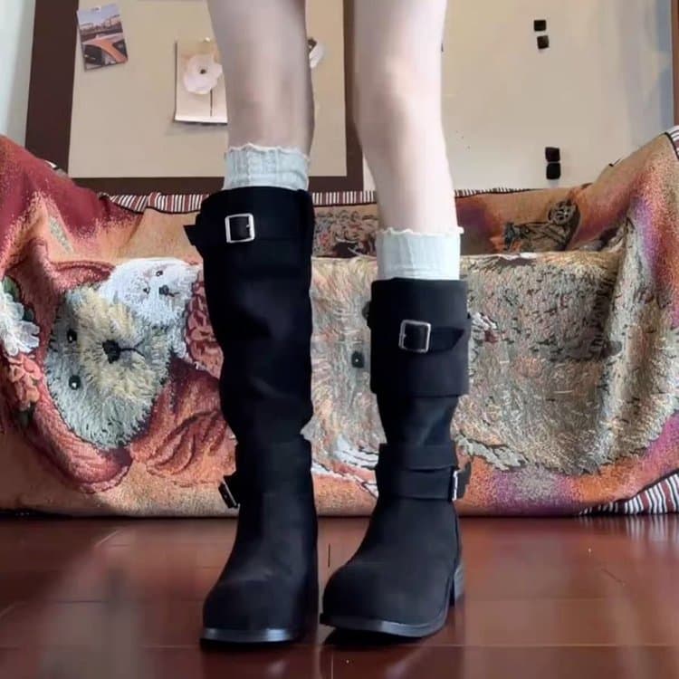 Maillard Pleated Stack Boots Women Chunky Heel Thick Sole Long Boots 2025 Western Cowboy Shoes Versatile Heightening Knight Boots Women
