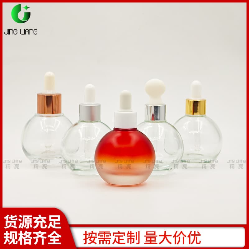Creative 30ml round essence oil bottle in stock, spherical skincare dropper bottle, water-light bubble shaped empty bottle
