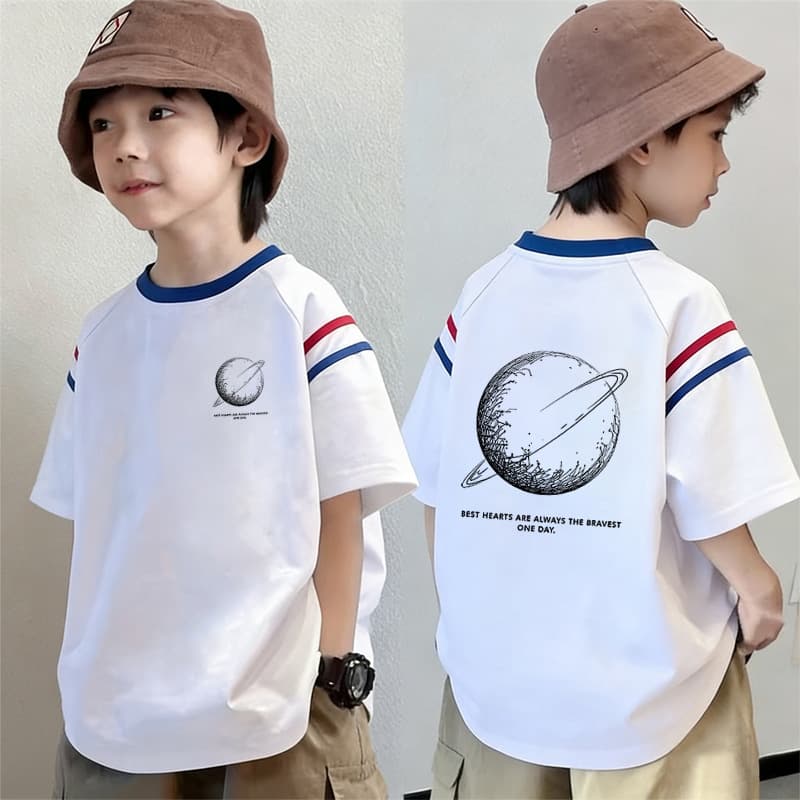 Trendy Boys' Casual Cotton Color-Block Short Sleeve T-Shirt, New Summer Style for Older Children, Versatile Half-Sleeve Top