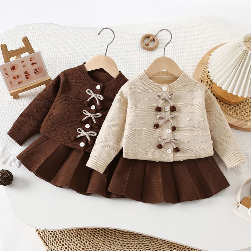 Girls' bow-knot particle sweater skirt spring new baby girl's cute knitted sweater two-piece set Korean style trendy