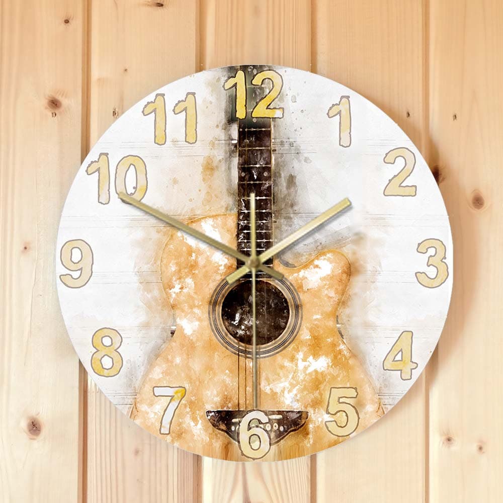 Acoustic Guitar Pattern Wall Clock Beige Retro Wood Grain Artistic Clock Home Living Room Decoration Wall Clock Cross-Border