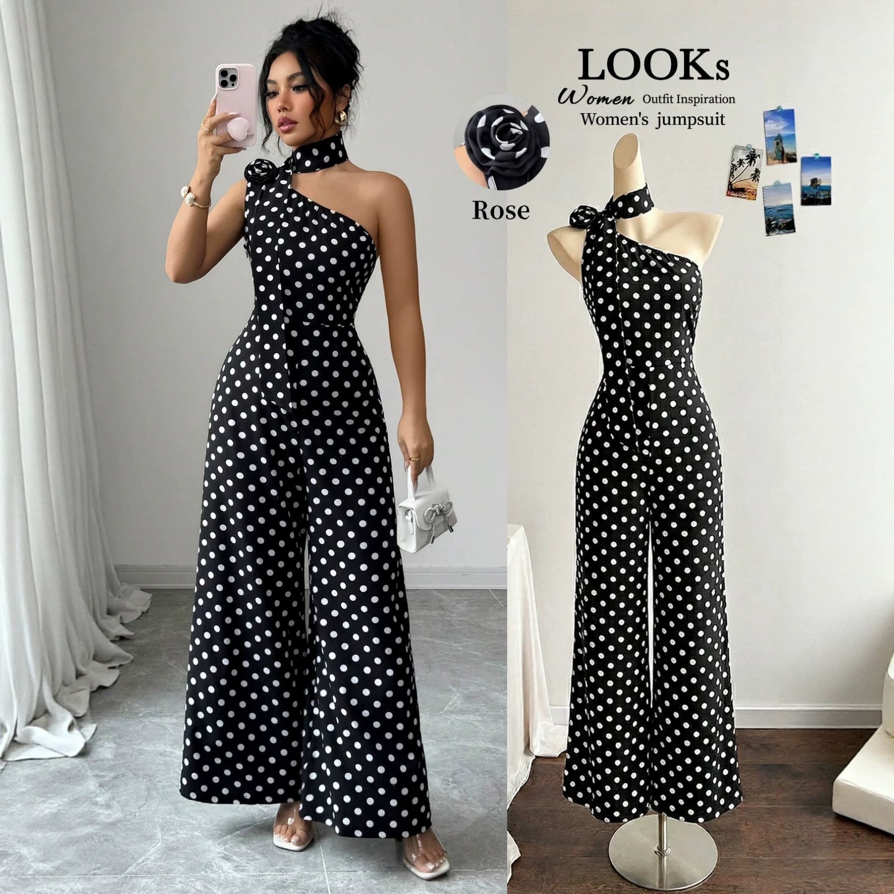 European and American cross-border women's fashion one-shoulder polka-dot print sleeveless halter neck ribbon slimming waist wide-leg jumpsuit