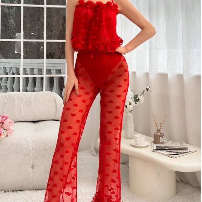 Cross-border Trade New Sexy Lingerie Set for Women, Mesh Heart Print Long Pants and Camisole, Wholesale