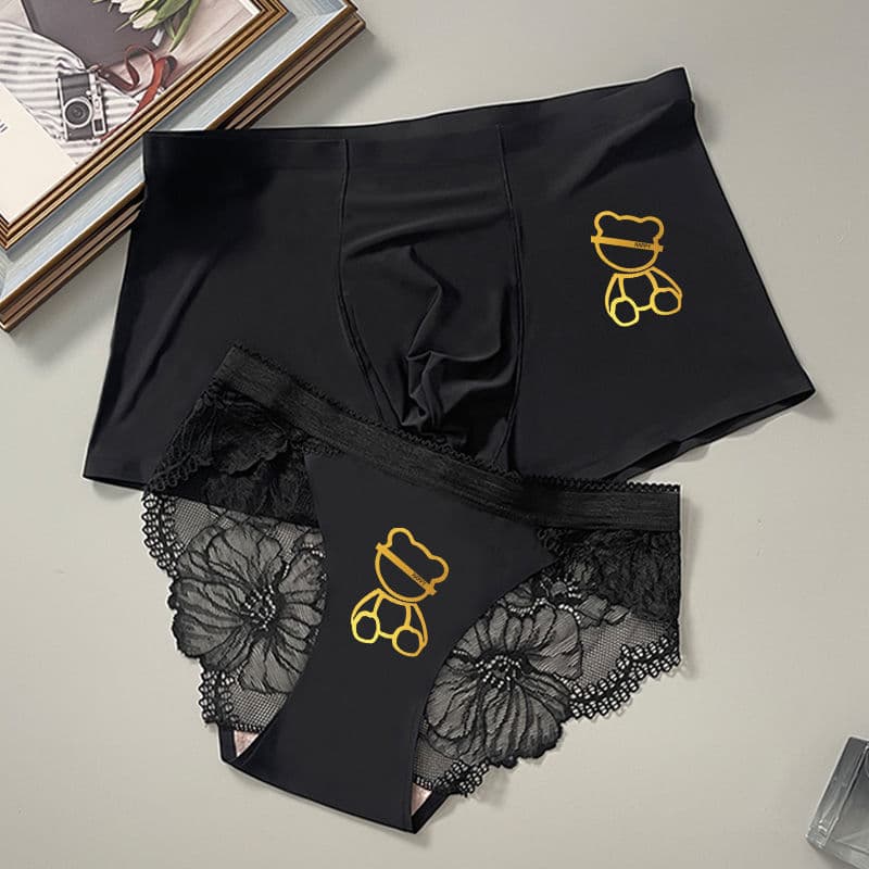 Couple's Ice Silk Underwear Summer Seamless Red Wedding Lace Design Men's Women's Flat Footed Panties Matching Set