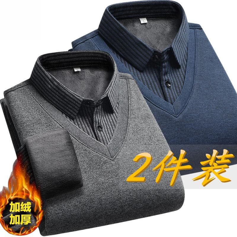 Dad's Fleece-Lined Thick Sweater for Men, Middle-Aged and Elderly, Mock Two-Piece Shirt Collar Men's Knitted Thermal Underwear