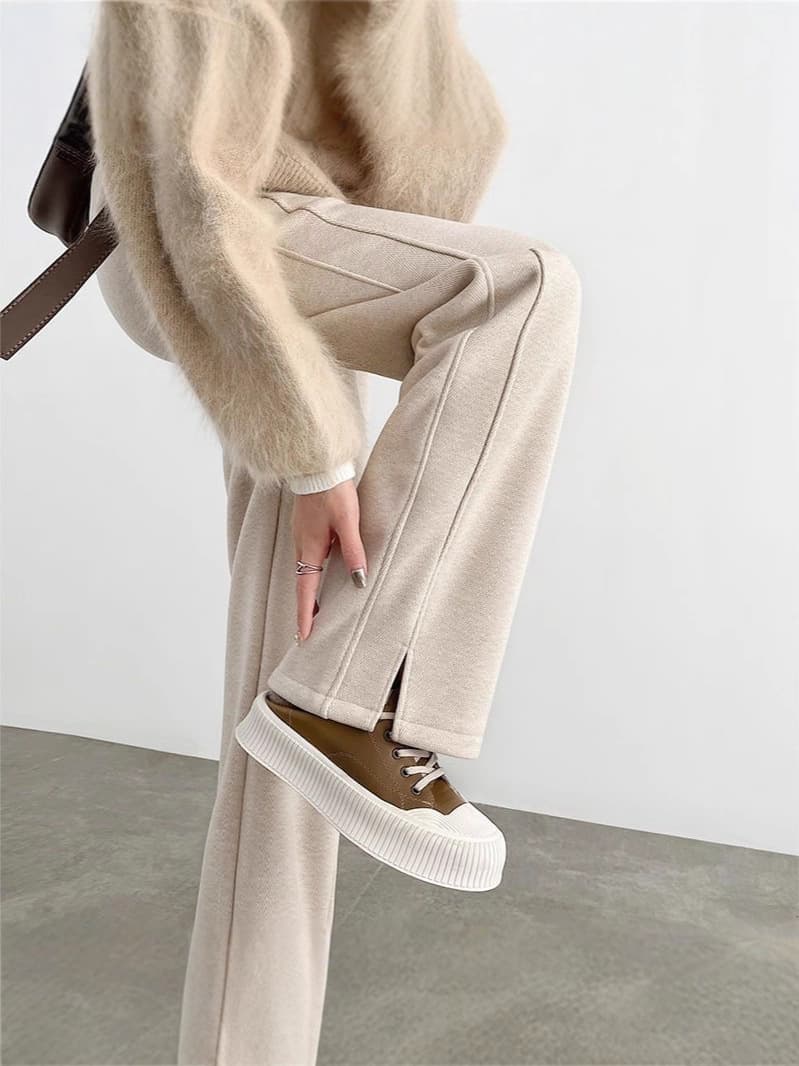 Herringbone pattern woolen wide-leg pants for women 2025 new autumn high-waisted winter plus fleece pants with slits and narrow straight pants