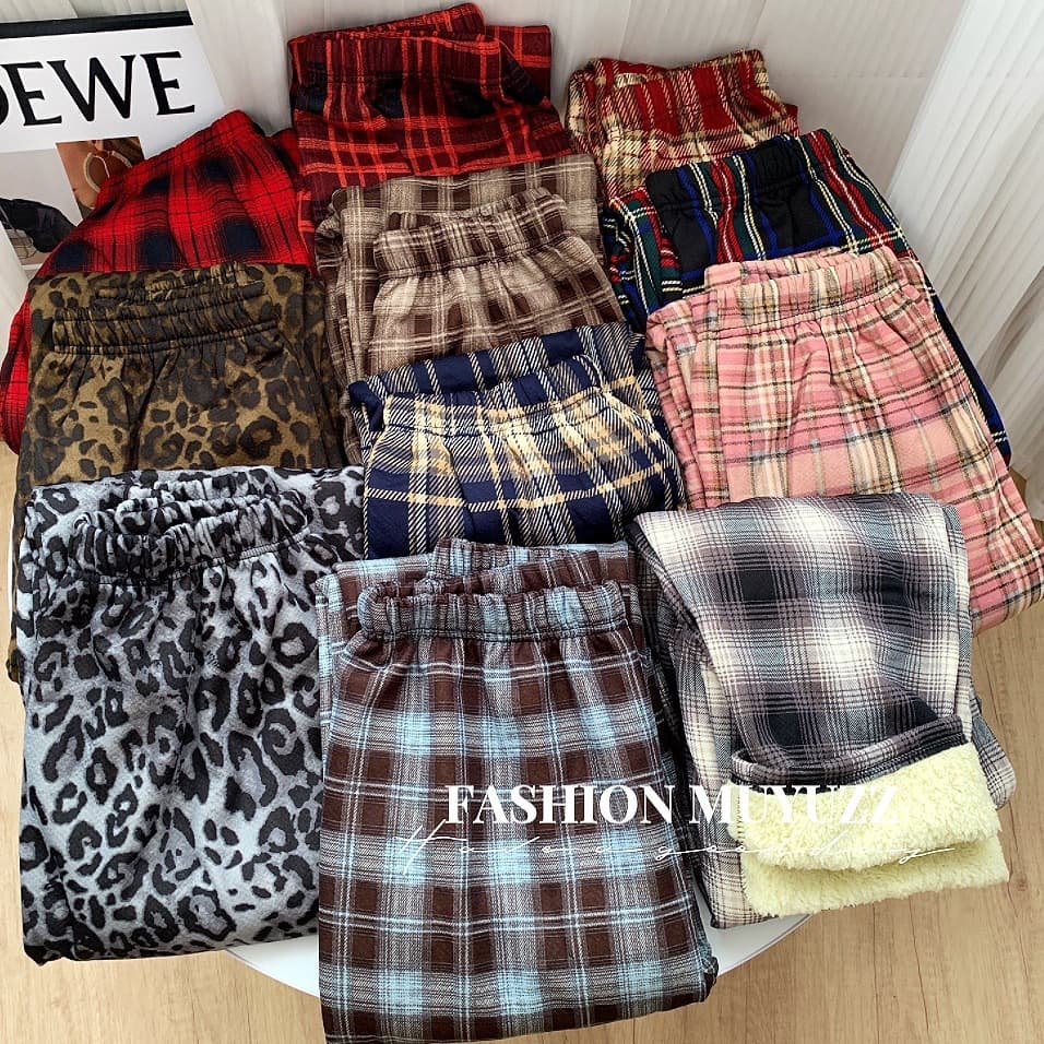 Winter Christmas Leopard Print Fleece Lined Plaid Pants High Waist Casual Wide Leg Trousers Warm Versatile Slimming Floor-Length Pants
