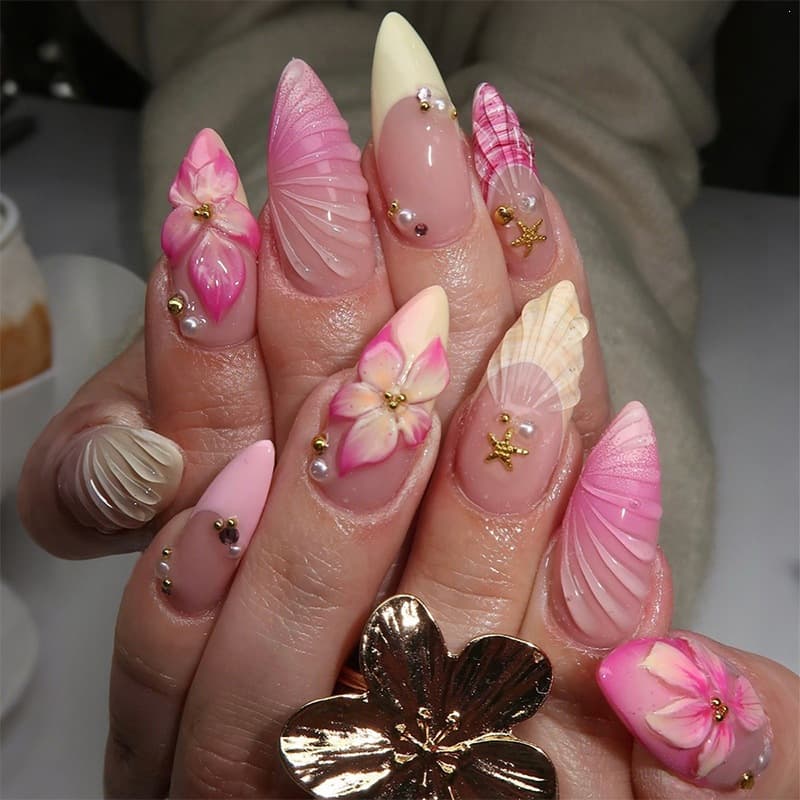 30 Pieces 3D Nail Art Wraps with Flowers, Ocean Starfish, Shells, Pearls, Almond Shape, Factory Direct