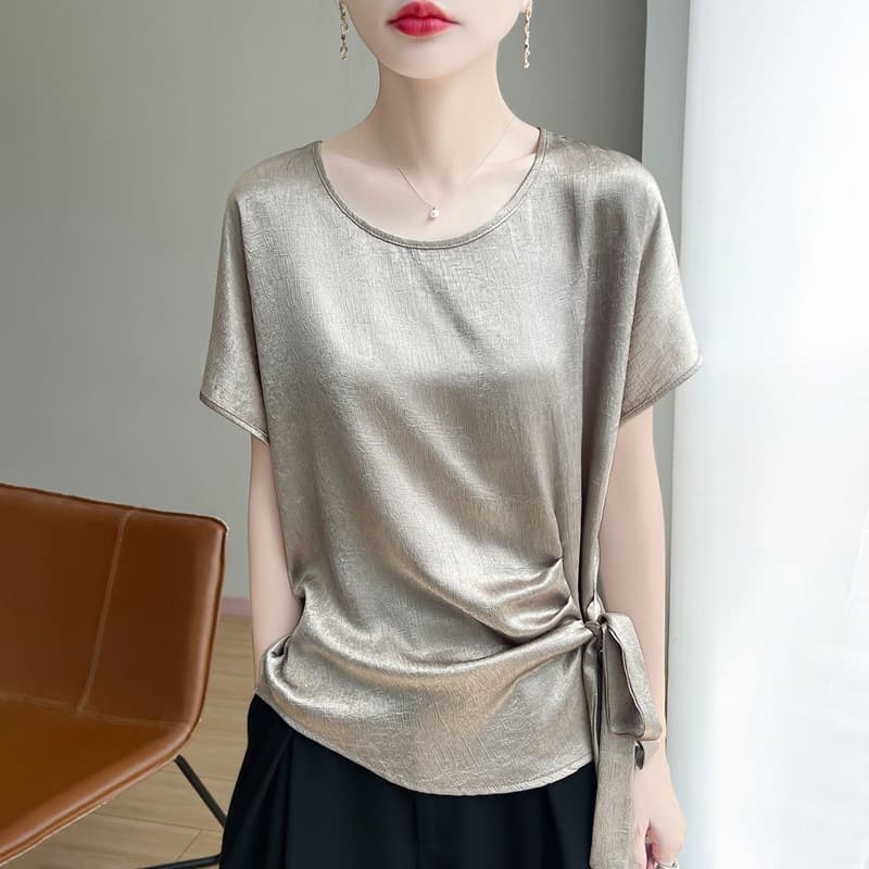 2025 Summer New Silk Satin Round Neck Short Sleeve T-Shirt for Women Solid Color Waist-Tied Loose Pullover Base Top