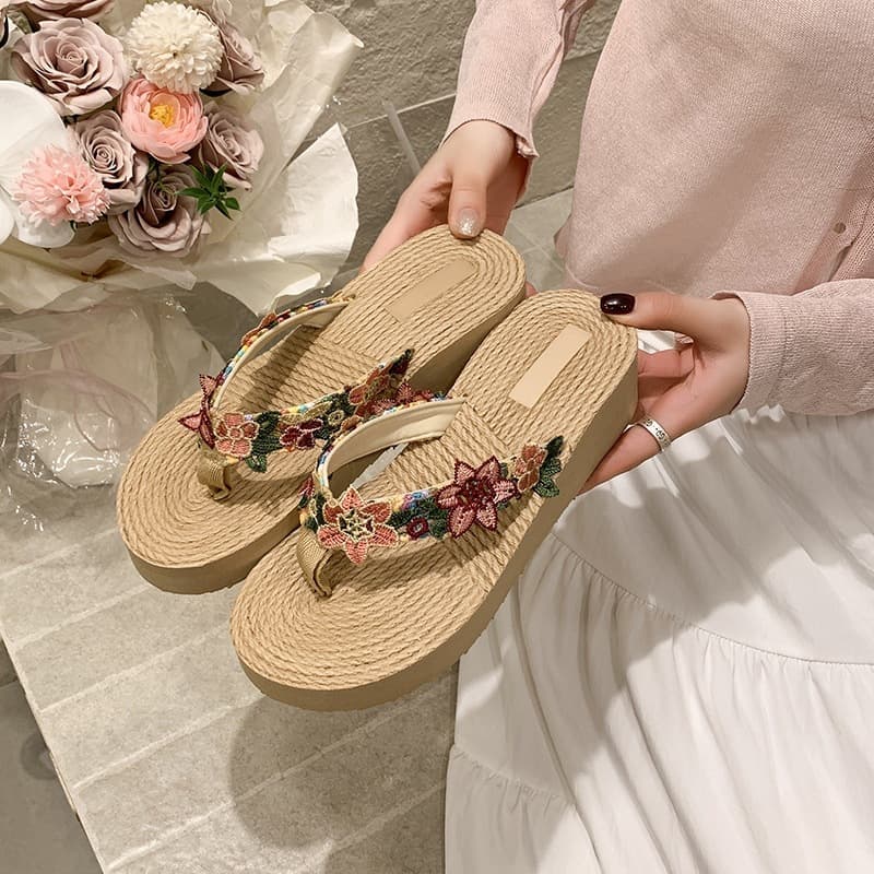2026 Beach Espadrille Flower Sandals Korean Style Flip-Flop Thong Sandals for Women with Jute Rope Sole Travel Sandals