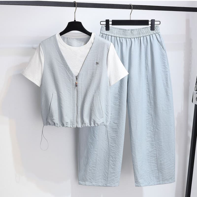Spliced vest fake two-piece short-sleeved nine-point wide-leg pants for women 2026 summer new salt sweet and loose two-piece set