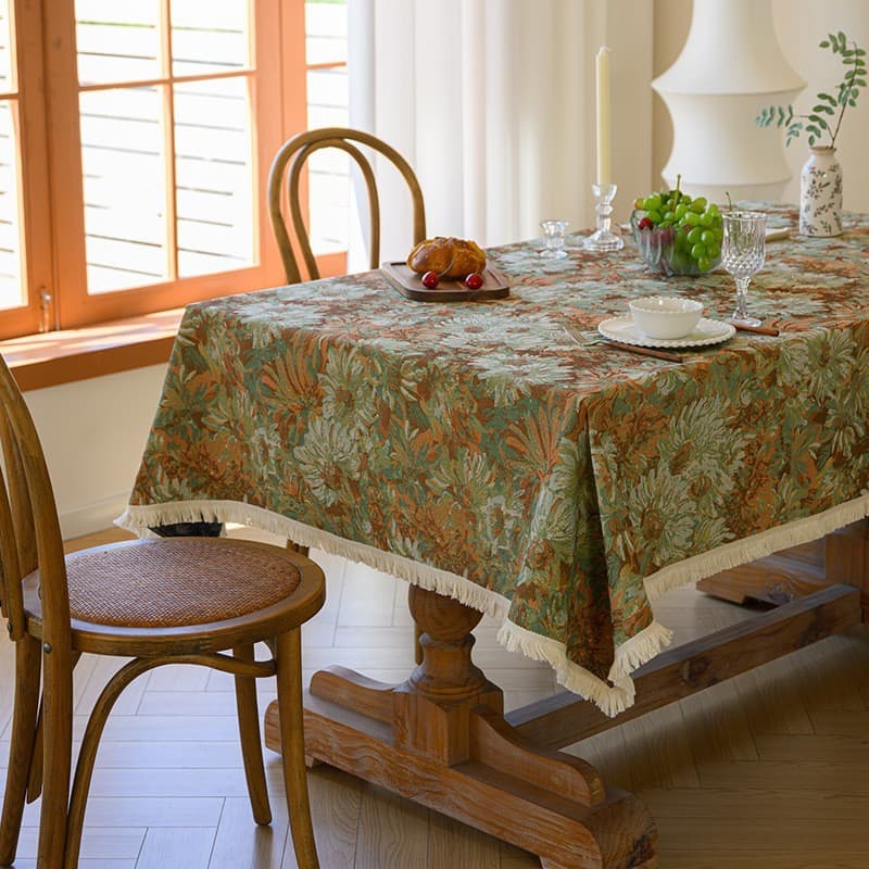 Custom American Cotton Linen Tablecloth, Rustic Farmhouse Style, Oil Painting Floral Jacquard Table Cover for Dining Table, Coffee Table Cover
