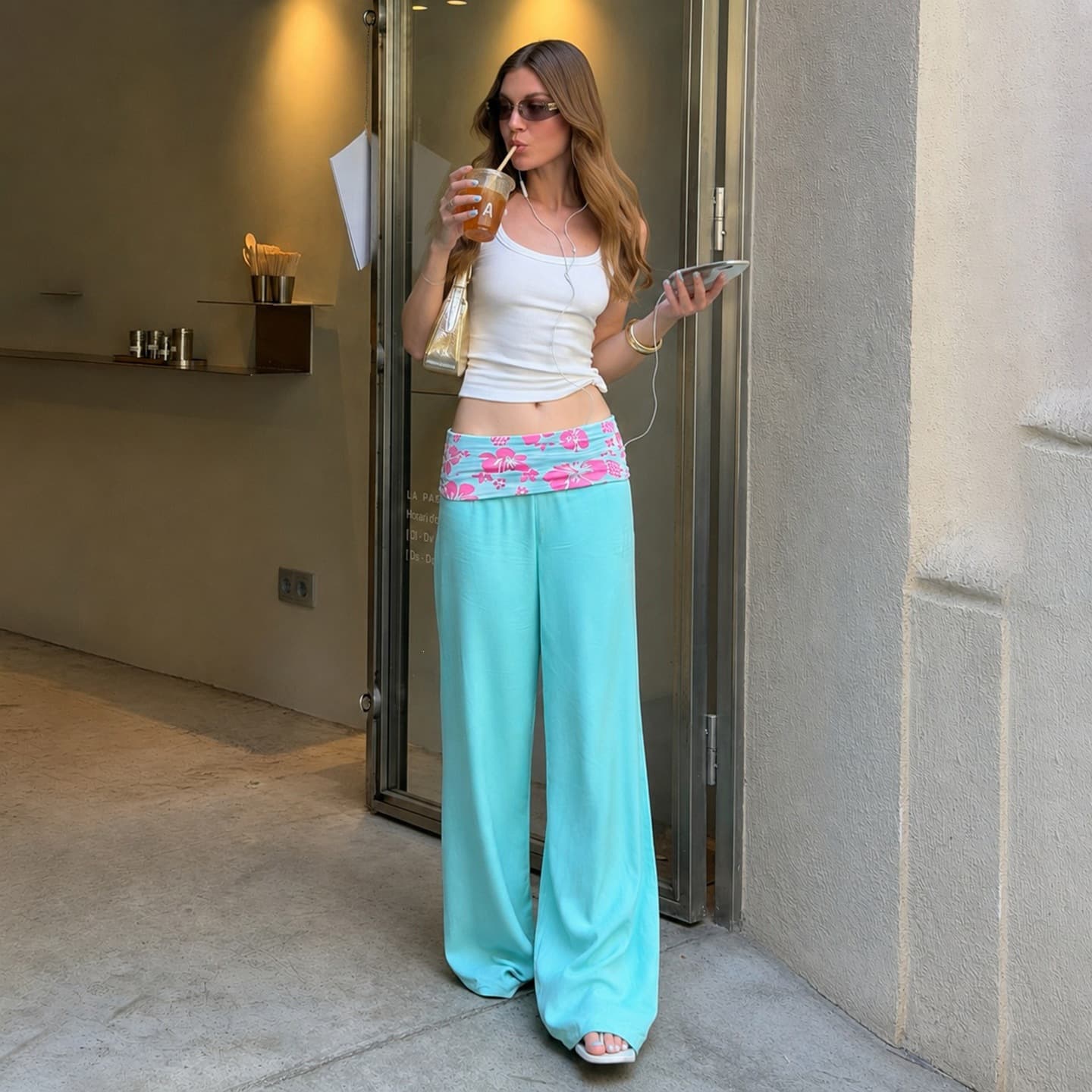 American retro niche plant print dopamine contrast casual pants loose street personality lazy wide leg trousers