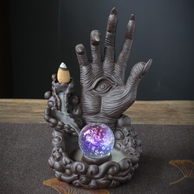 Cross-border LED Backflow Incense Burner Home Creative Ornament Zen Incense Vessel Black Purple Clay Buddha Hand American Style Incense Burner Wholesale