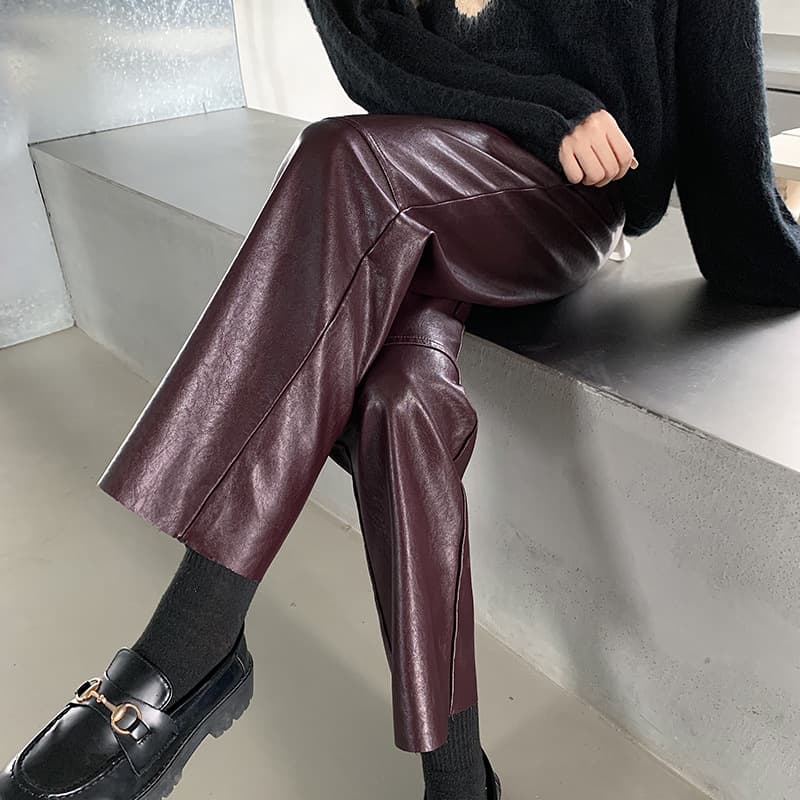 Angola Red PU Leather Pants 2025 Fall New High-Waist Nine-Length Draped Casual Trousers Slim Fit Versatile Straight-Leg Pants