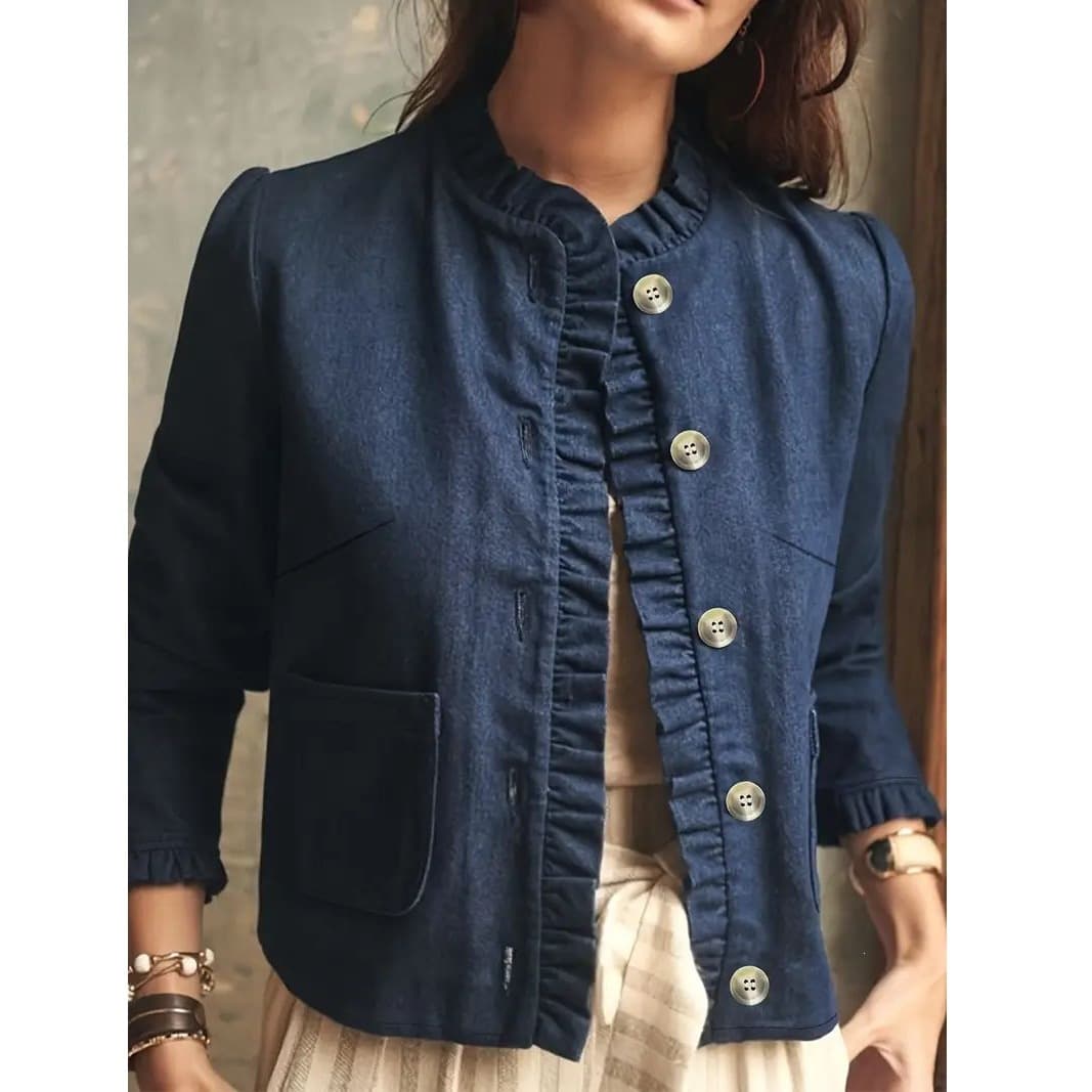 Cross-border European and American Ruffle Collar Denim Jacket - Long Sleeve Button Front Coat, Casual Jacket, Fashion Jacket