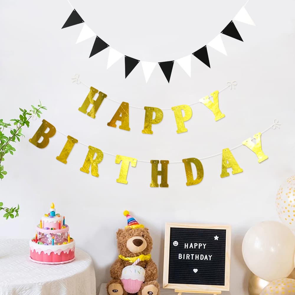 Golden Happy Birthday Hanging Banner Black White Triangle Bunting Party Gathering Decoration Photo Prop Restaurant Setup Hanging Ornament