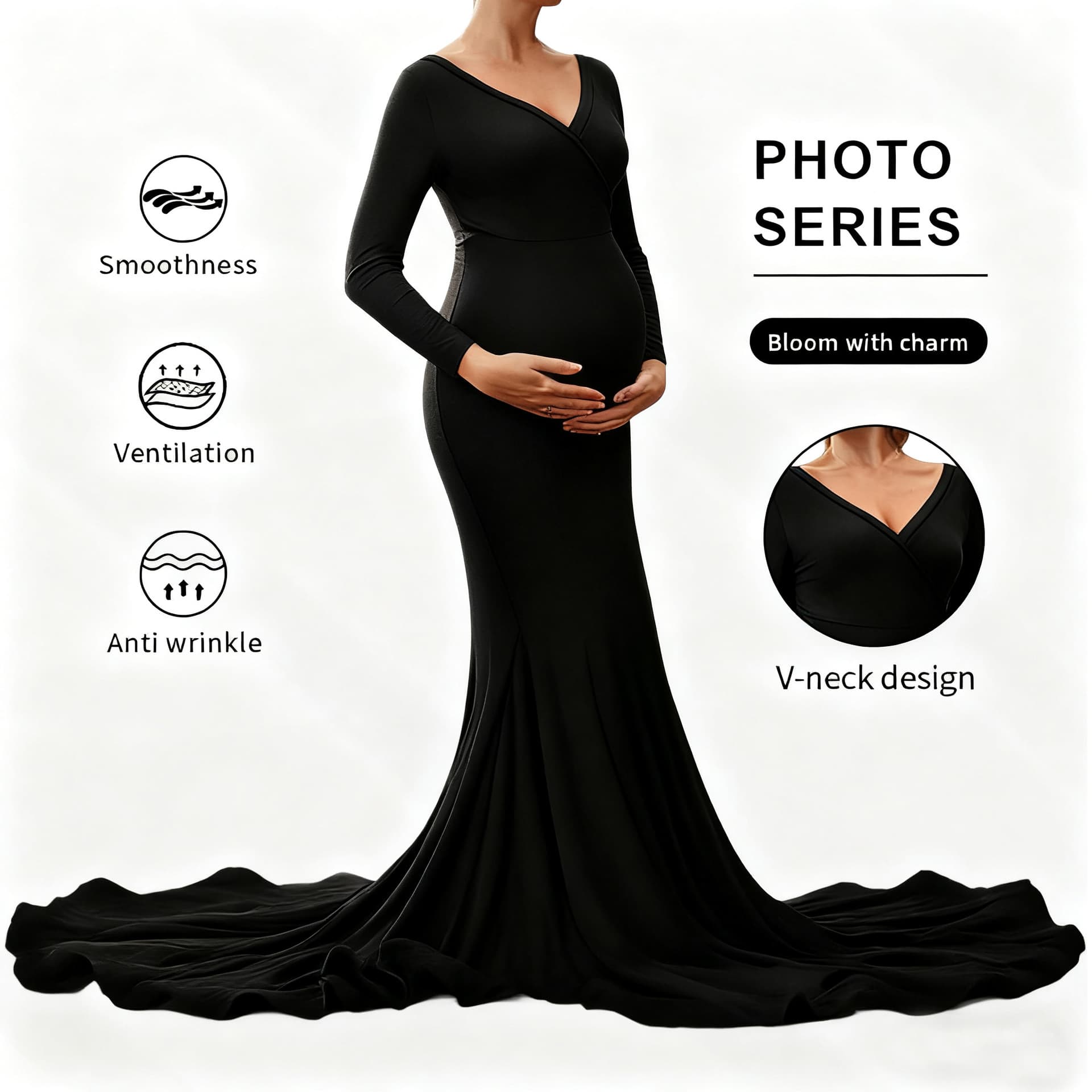 Maternity French Dress Long Sleeve Deep V Flared Mermaid Gown European American Style Long Dress for Pregnant Women