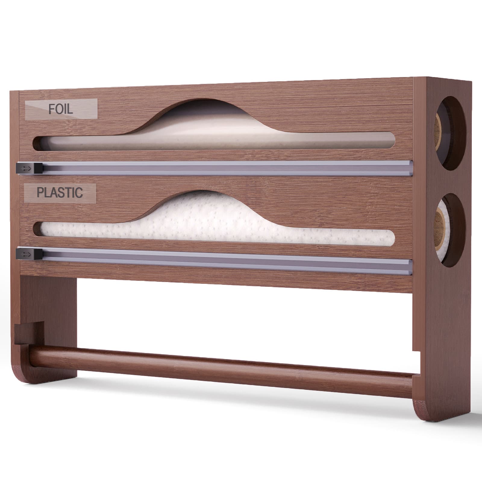 Kitchen Cling Film Cutter Box with Paper Towel Holder 3-in-1 Storage Rack for Foil Paper, Parchment Paper, Bamboo Storage Box