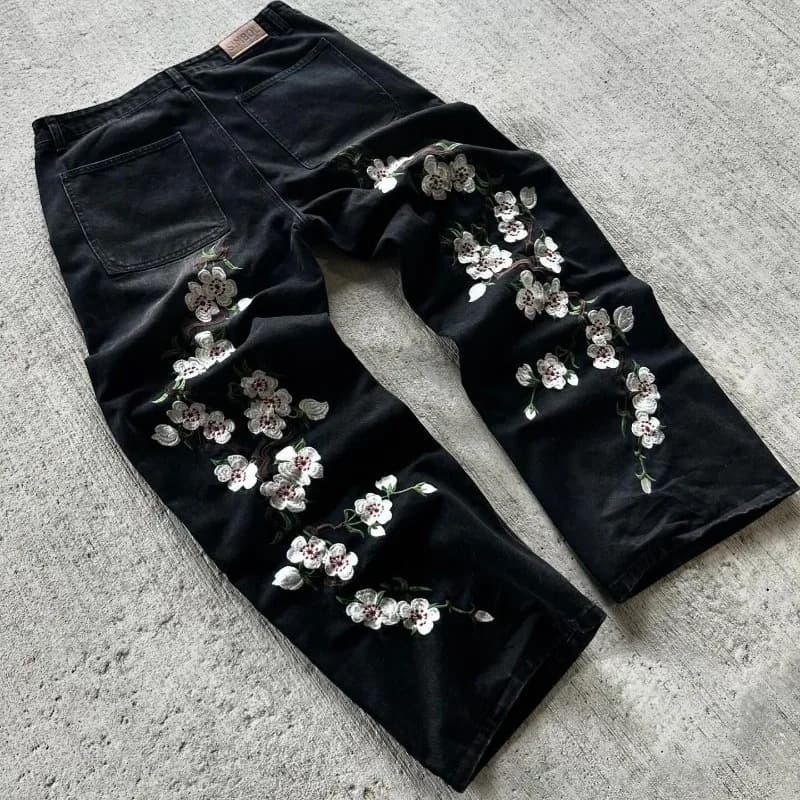 Y2K Baggy Jeans Harajuku Vintage Sakura Embroidery High Quality Jeans Street Wear Hip Hop Goth