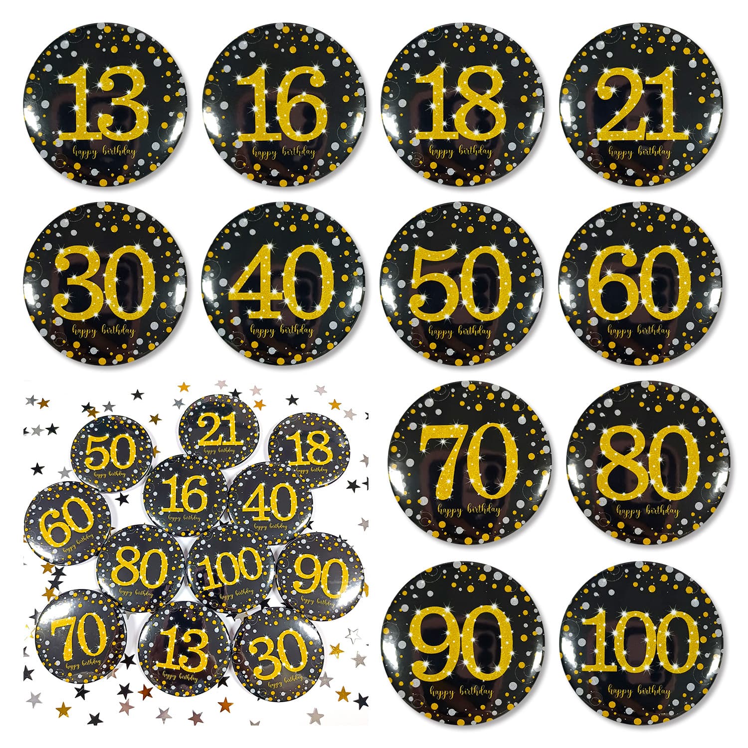 Guyin Factory Direct Supply Black Gold Tinplate Birthday Party Decoration Badge for Men and Women Age Party Decoration