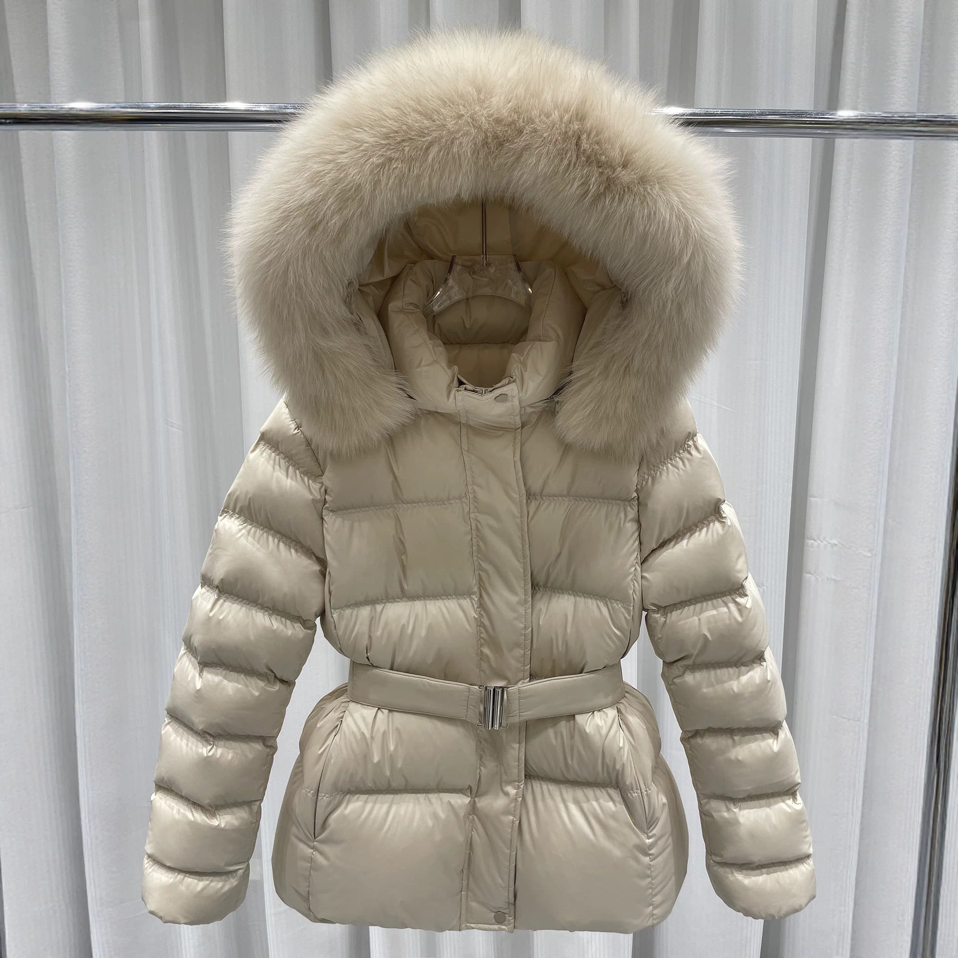 Women Winter Rain Hooded Short Coat Belted Fur Collar Loose