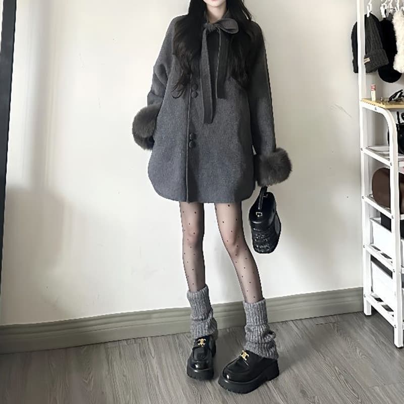 Korean style gray ladylike French woolen coat for women autumn and winter atmosphere bow strap woolen coat