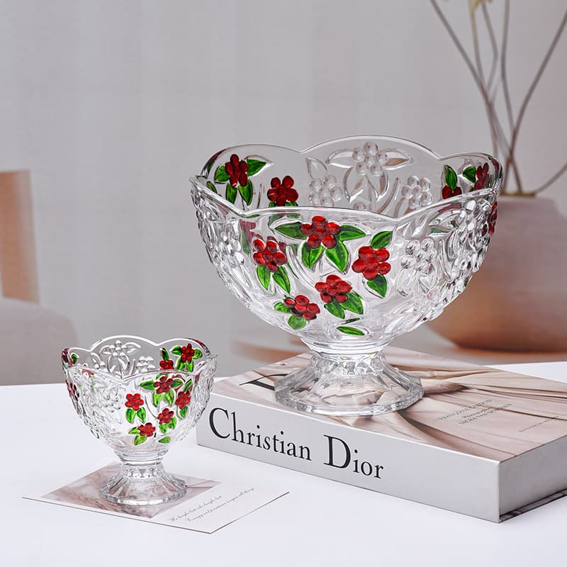 Retro Transparent Crystal Hand-Painted Glass Fruit Plate Modern Fashionable Home Large Wholesale Minimalist Round Fruit