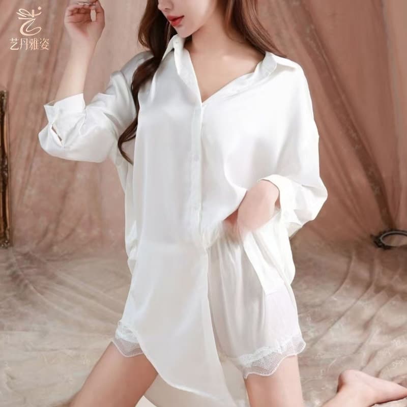 Boyfriend style shirt sexy pajamas for women spring and summer ice silk pure lust thin nightgown women's loose home wear suit