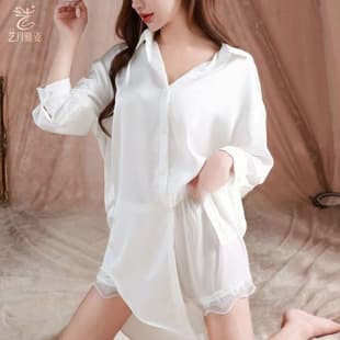 Boyfriend Style Shirt Sexy Pajamas for Women Spring Summer Ice Silk Pure Desire Thin Nightgown Loose Homewear Set