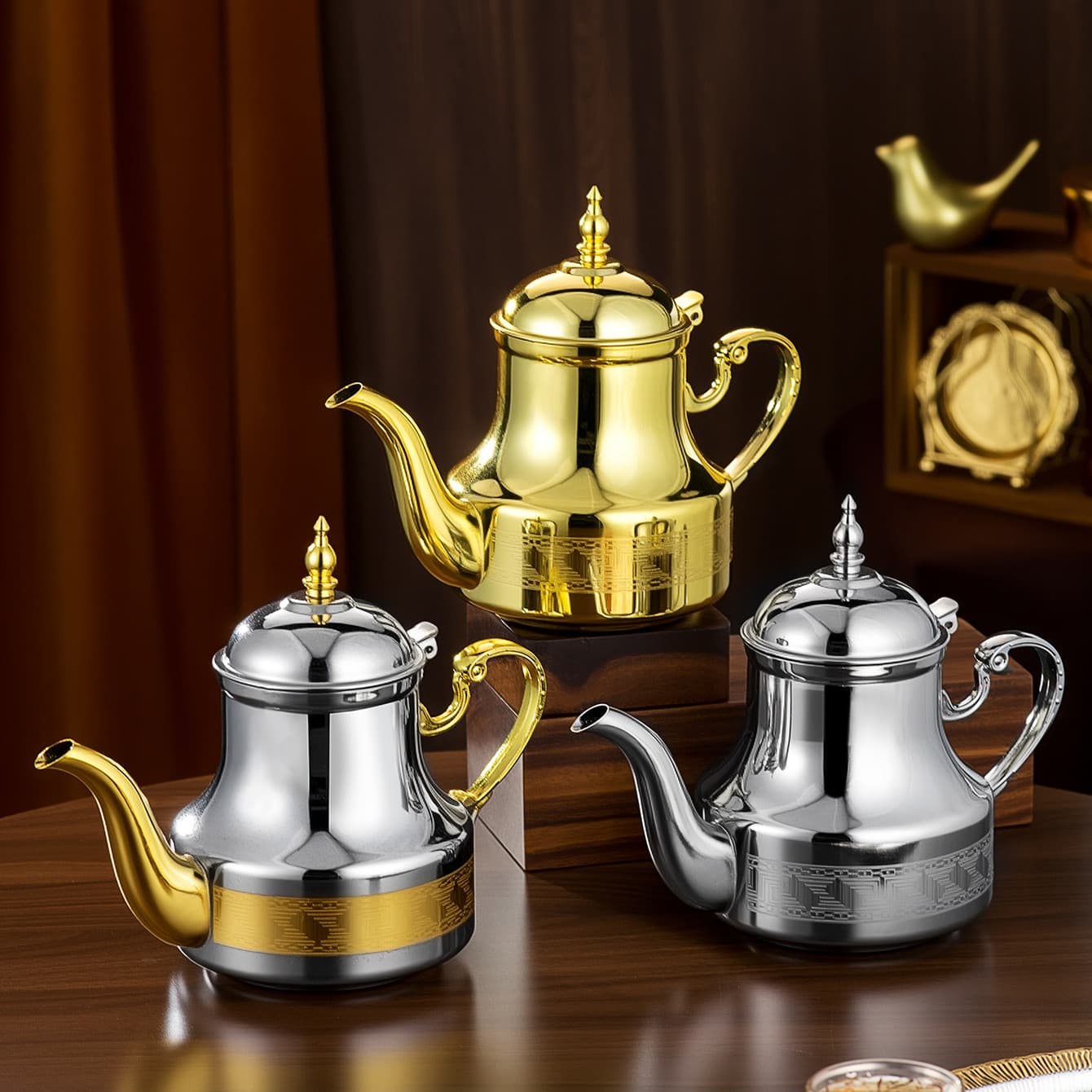 Cross-border Arabic coffee pot, heatable golden coffee pot, stainless steel pot, teapot, palace style stainless steel, Middle East