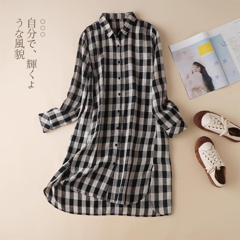 Export clearance high-end foreign trade big-name cut label cotton and linen plaid long-sleeved shirt loose casual mid-length shirt skirt