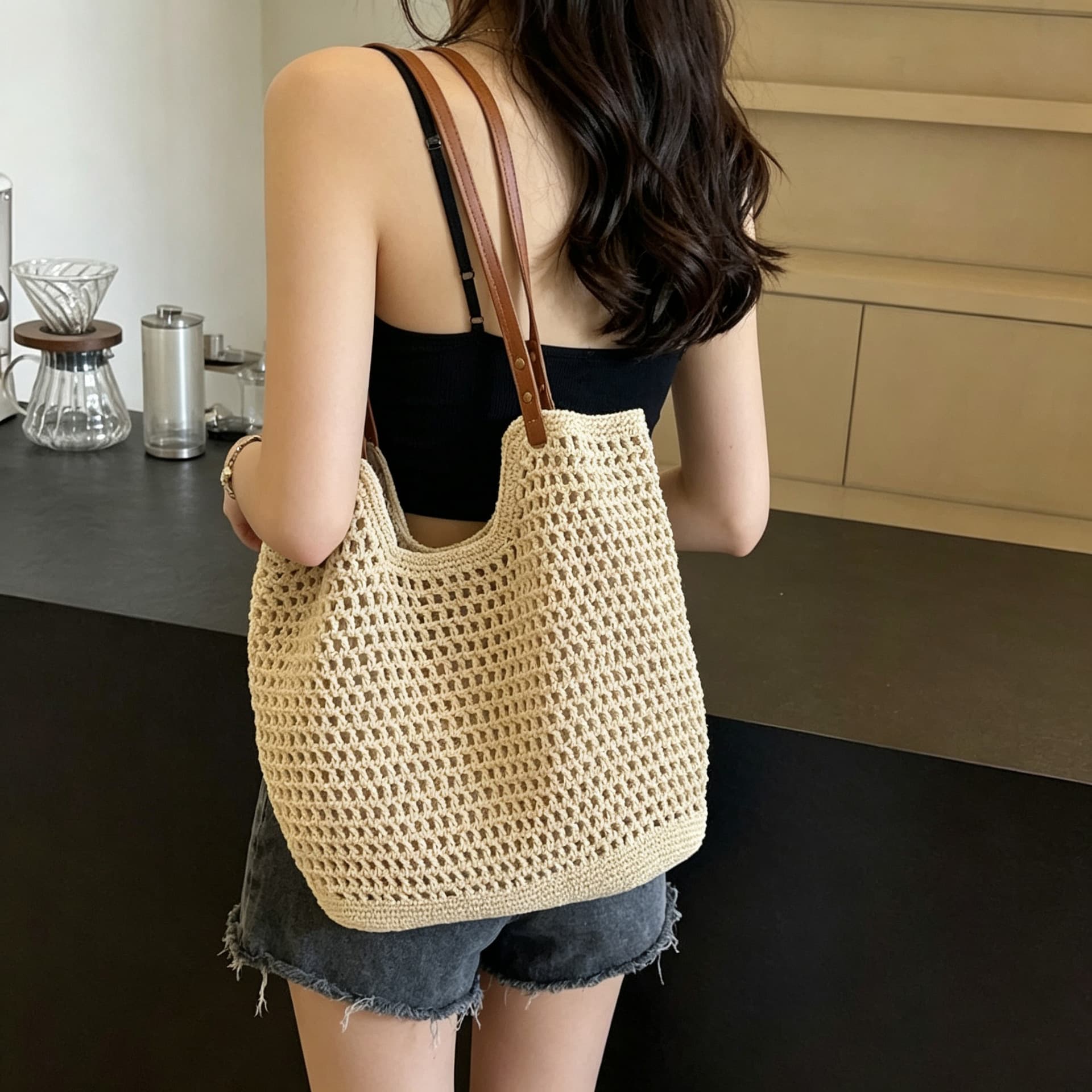 Korean style handmade crocheted shoulder bag, literary forest style woven belt bag, beach vacation large capacity tote bag
