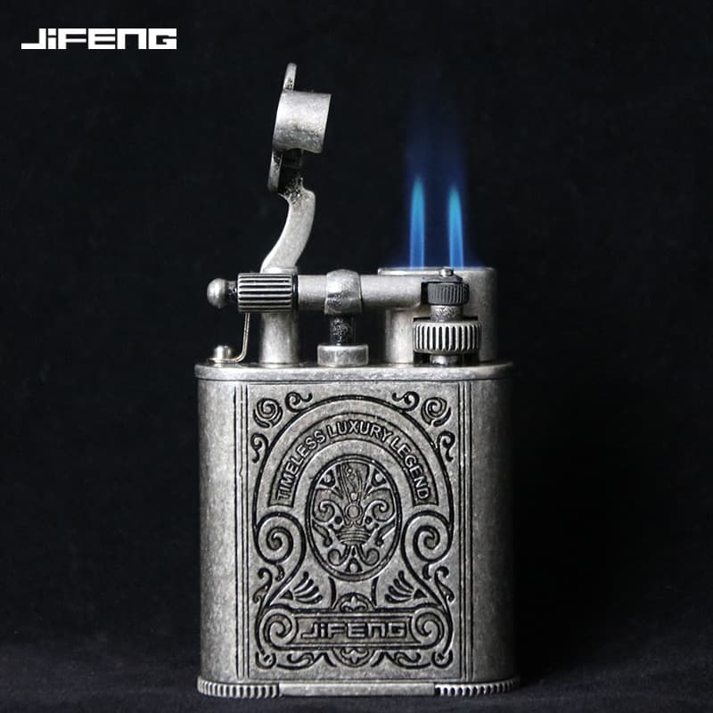 JIFENG Cigar Lighter Vintage Dual Flame Direct Jet Engraved Refillable Lighter with Punch and Flint