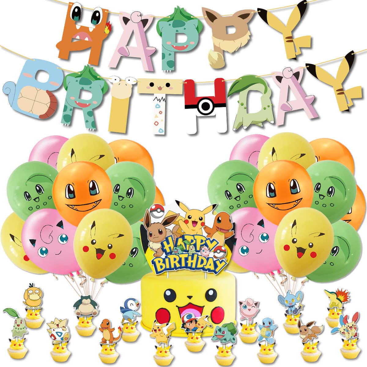 In Stock Pokemon Balloon Pikachu Birthday Party Decoration Set Birthday Banner Cake Topper