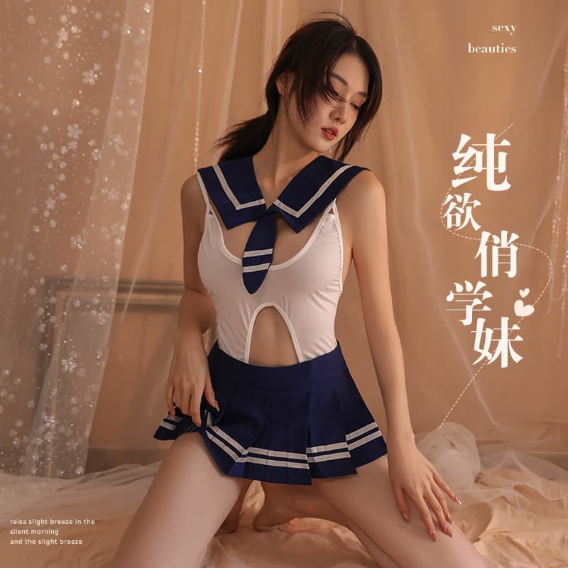 Sexy lingerie, uniform set, crotchless seductive role-playing schoolgirl pleated skirt sailor suit