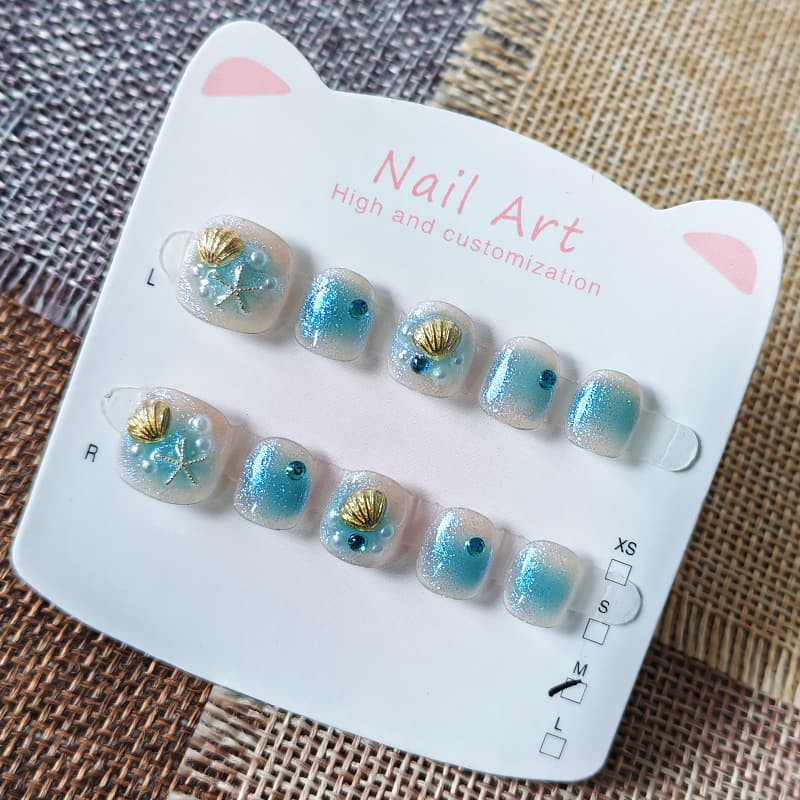 Summer New Ocean-Themed Nail Art Starfish Shell Luxury Nail Stickers for Ages 3-6-12, Pure Handmade Wearable Nails with a Translucent Ice Finish