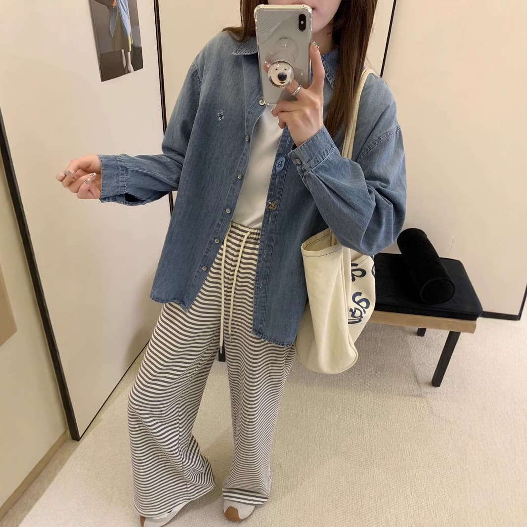 Korean Style Age-Defying Embroidered Denim Shirt for Women, New Spring and Autumn Loose-Fitting Long-Sleeve Jacket, Versatile and Slimming
