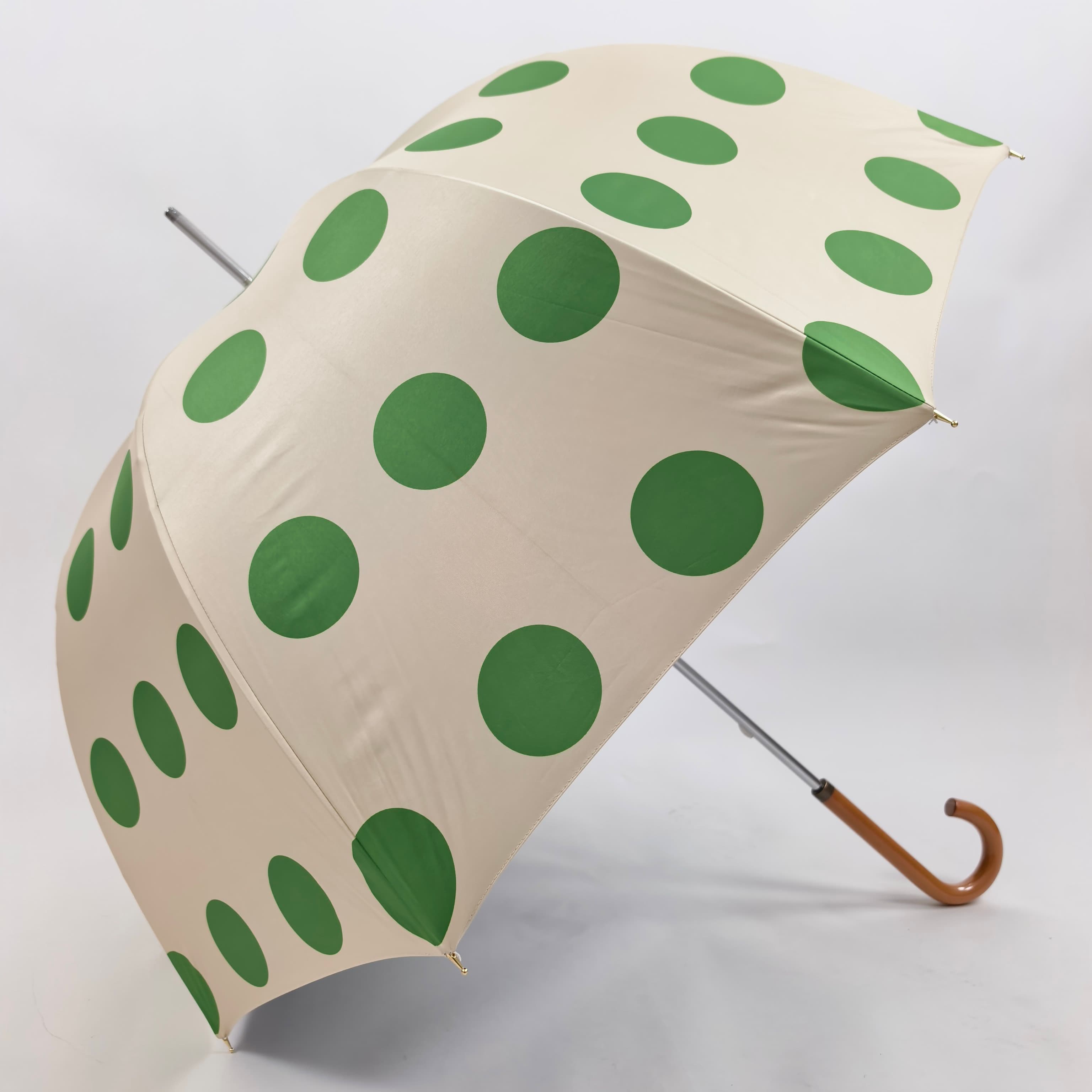 Cream White Green Polka Dot Japanese Wooden Handle Manual Apollo Arch Mushroom Umbrella Black Coating Long Handle Rain Umbrella
