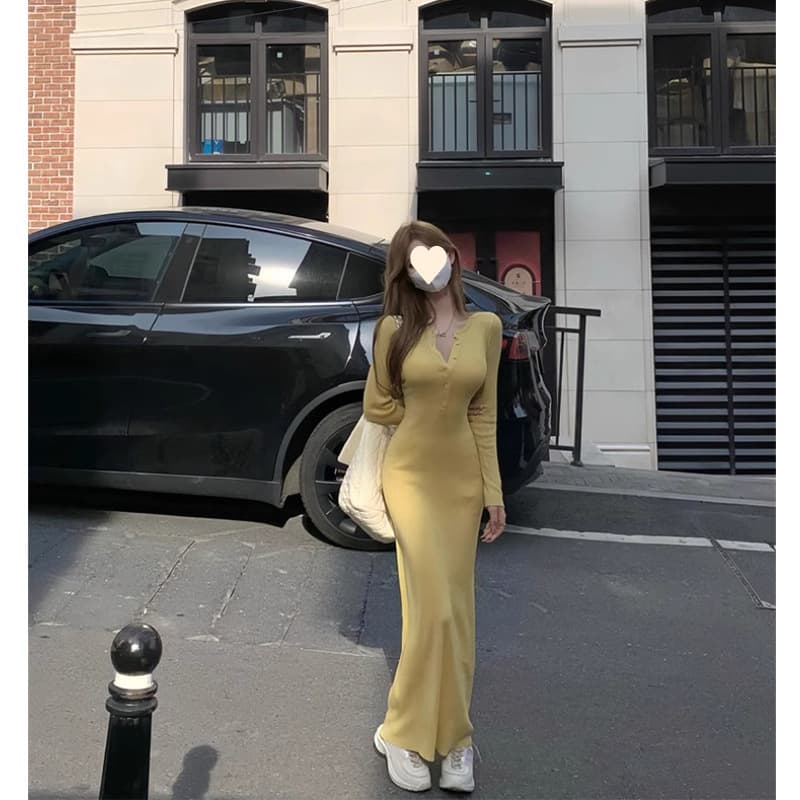 French Elegance Long-Sleeve Dress for Women 2025 Spring/Fall New Style Chic Waist-Slimming Bodycon Long Dress