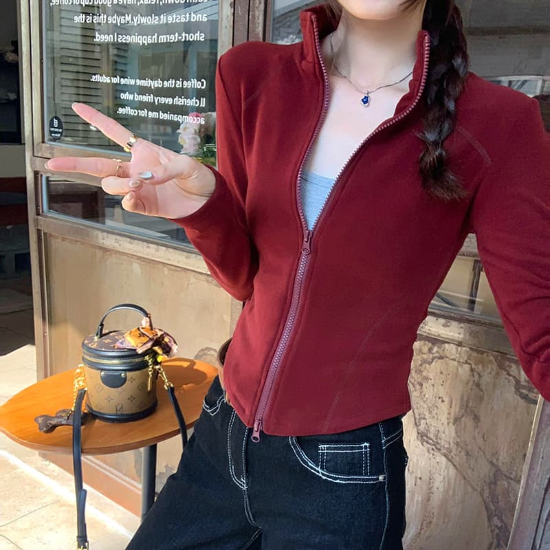 Factory Direct Korean Brushed Fleece Stand Collar Short Jacket for Women, New Autumn/Winter Style, Petite Fit, Flattering Regular Shoulder Design