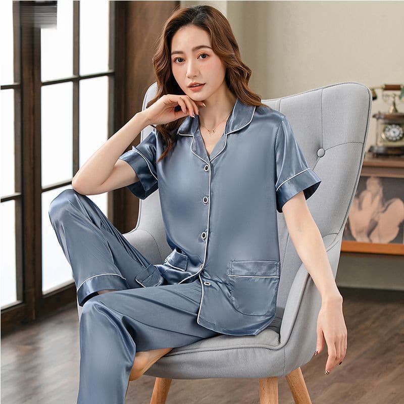 Women's Summer Ice Silk Pajamas, Thin and Sexy Plus Size Short Sleeve Long Pants, Spring and Autumn Homewear Set