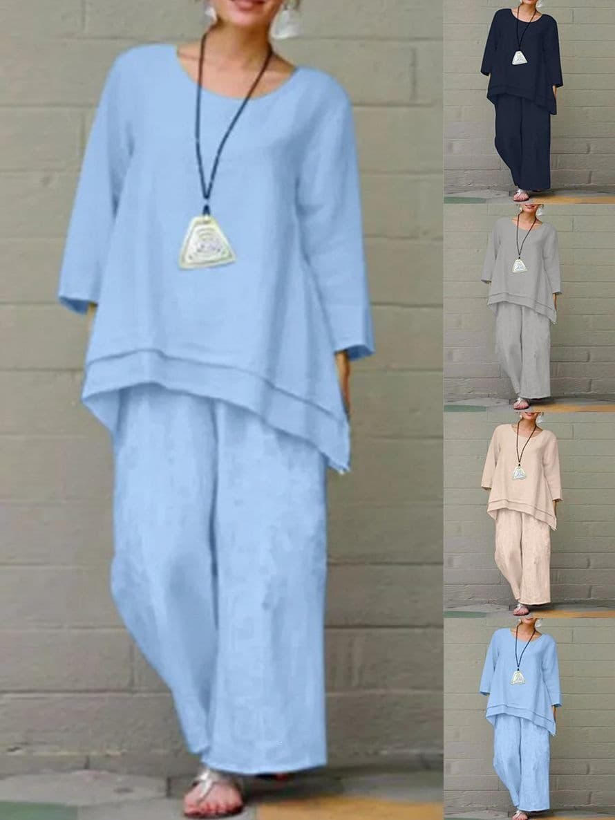 2026 Cross-Border Trade Plus Size Women's Solid Color Chinese Style European and American Pants Set Cotton Linen Casual Long Sleeve Loose Cotton Set